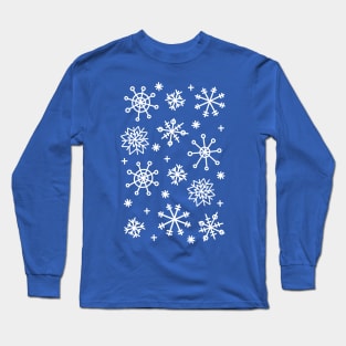 White Doodle Snowflake Pattern on Dark Blue Background, made by EndlessEmporium Long Sleeve T-Shirt